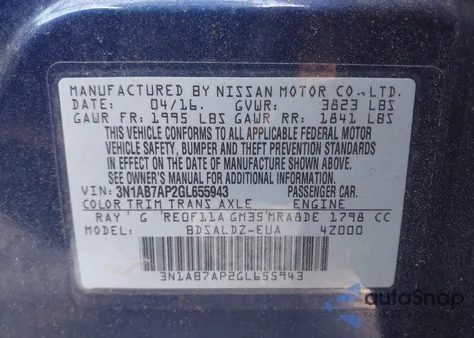 2016 Nissan Sentra Fe+ S/S/Sl/Sr/Sv z USA, uszkodzony, nr VIN 3N1AB7AP2GL655943